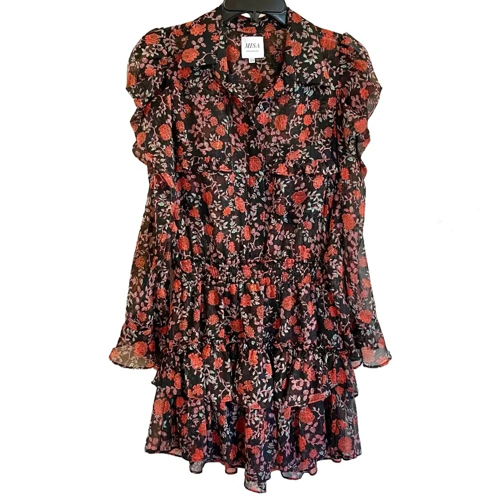 MISA Anika Dress XS Carnelian Blooms Floral Ruffle Mini Metallic - Picture 4 of 11